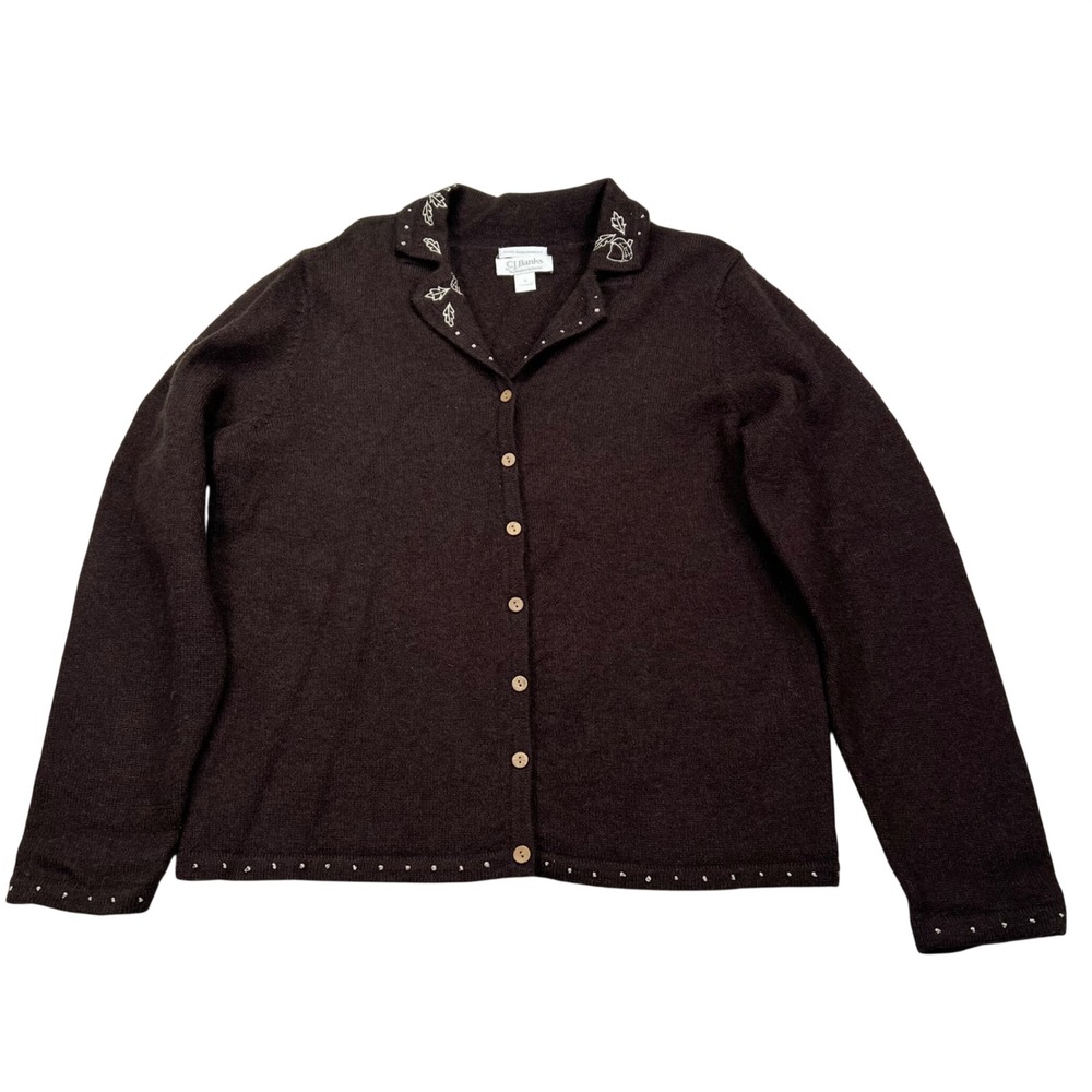 VTG CJ Banks Cardigan Sweater Womens 1X Brown Wool Hand Embroidered Acorn Beaded